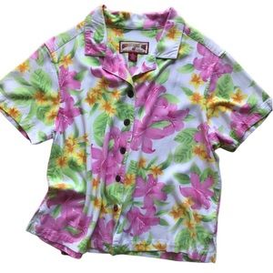 Caribbean Joe PL Hawaiian Shirt Pink Green Yellow Orange White Floral